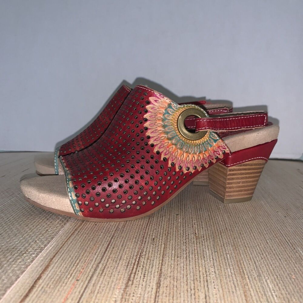 Spring Step L'Artiste Women's EU 38 Red Leather Heel Open Toe Sandal Hippy Boho